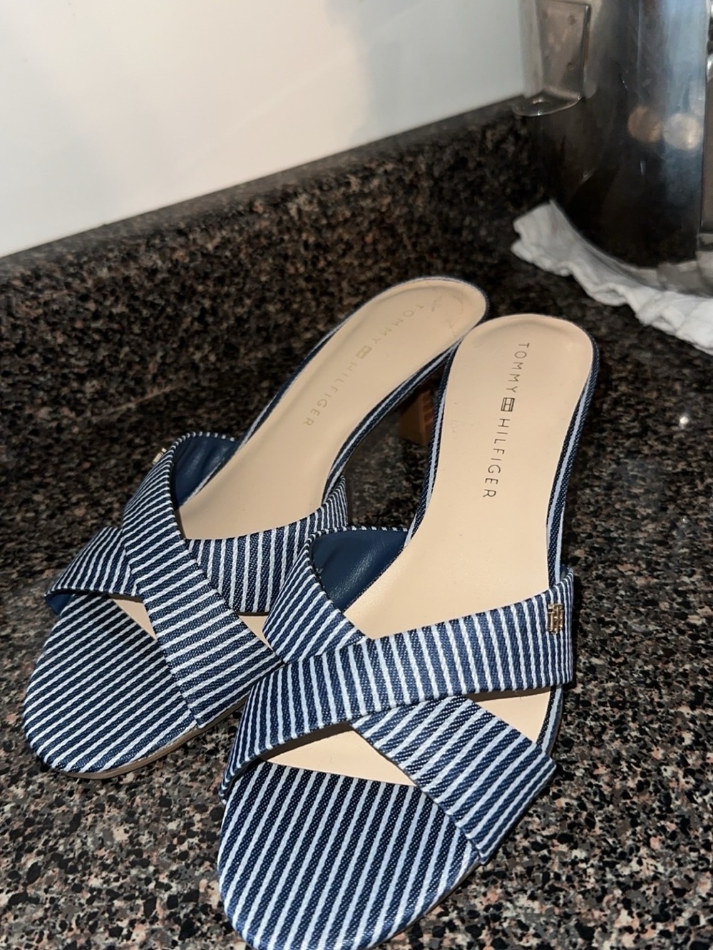 Tommy Hilfiger Navy and White Striped Kitten Heels